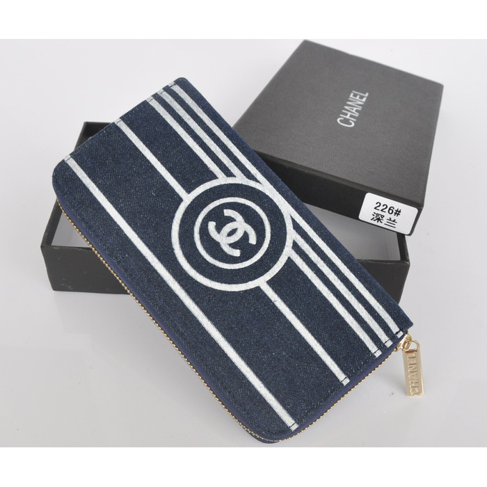 2014 Chanel Zip Around Canvas Wallet C226 Dark Blue