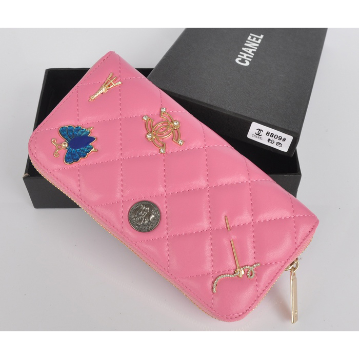 2014 Chanel Zip Around Wallet Sheepskin Leather C8809 Pink