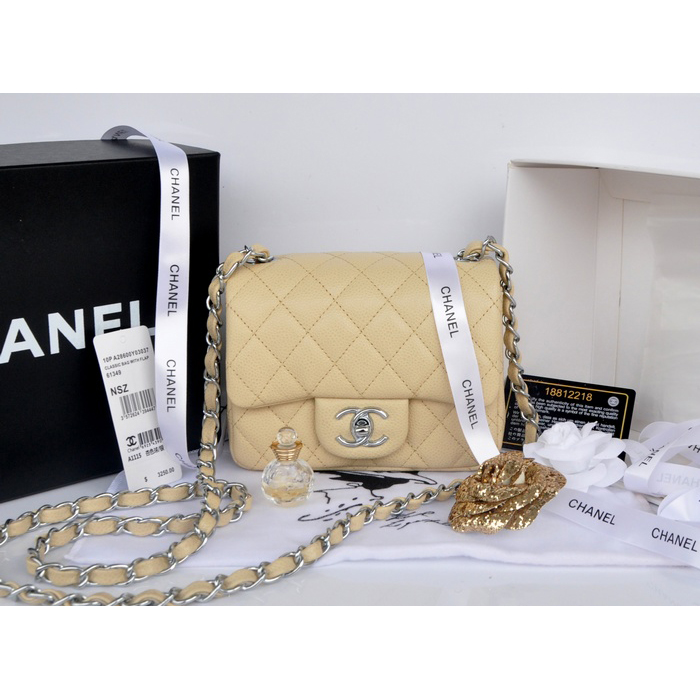 2014 Chanel mini Classic Flap Bag Apricot Original Caviar leather A1115 Silver