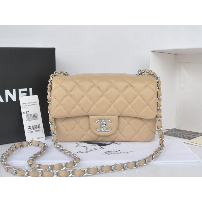 2014 Chanel mini Classic Flap Bag Apricot Original Sheekskin A1116 Silver