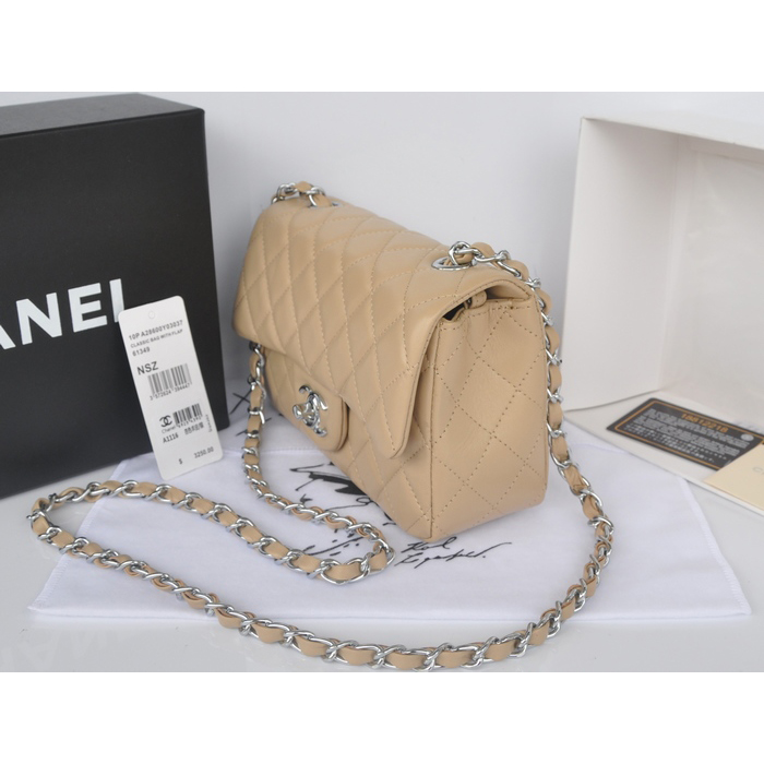 2014 Chanel mini Classic Flap Bag Apricot Original Sheekskin A1116 Silver