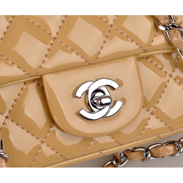 2014 Chanel mini Classic Flap Bag Apricot Patent Leather 1117 Silver