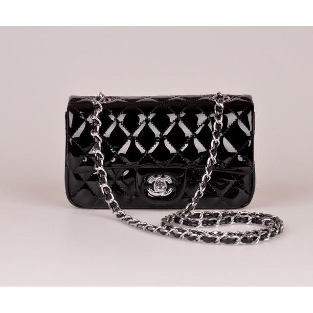 2014 Chanel mini Classic Flap Bag Black Patent Leather 1117 Silver