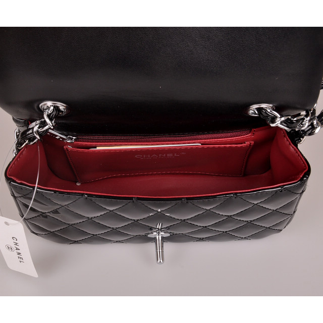 2014 Chanel mini Classic Flap Bag Black Patent Leather 1117 Silver