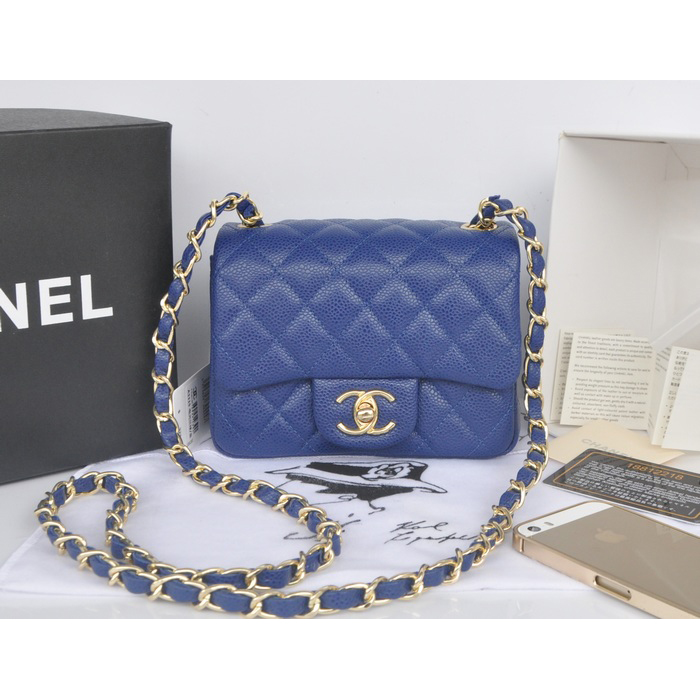 2014 Chanel mini Classic Flap Bag Blue Original Caviar leather A1115 Gold