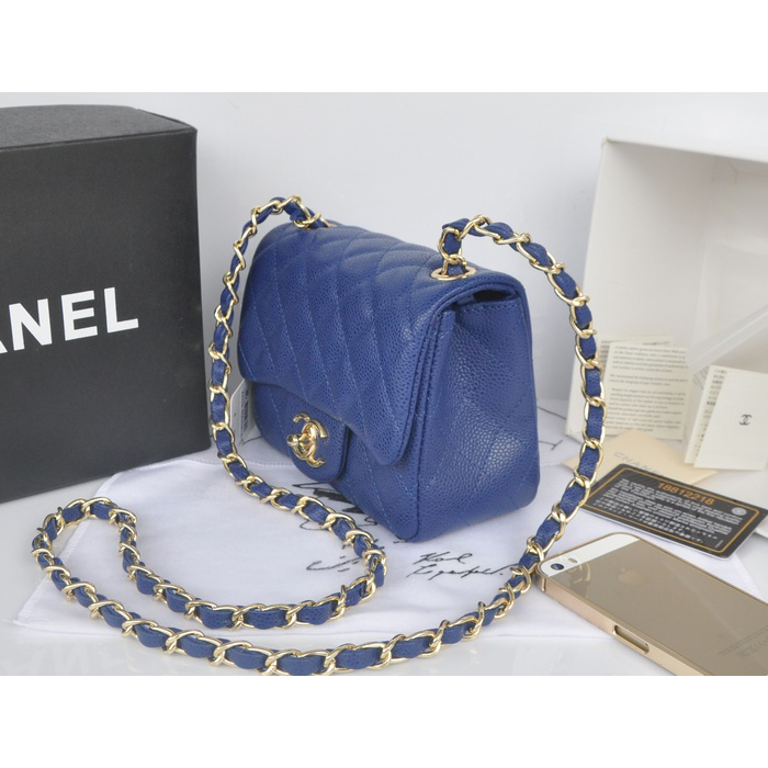 2014 Chanel mini Classic Flap Bag Blue Original Caviar leather A1115 Gold