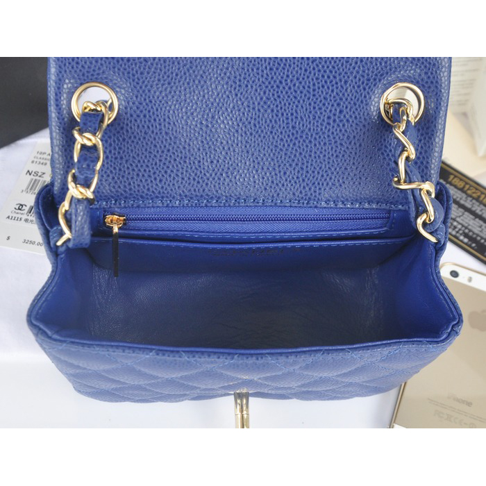 2014 Chanel mini Classic Flap Bag Blue Original Caviar leather A1115 Gold