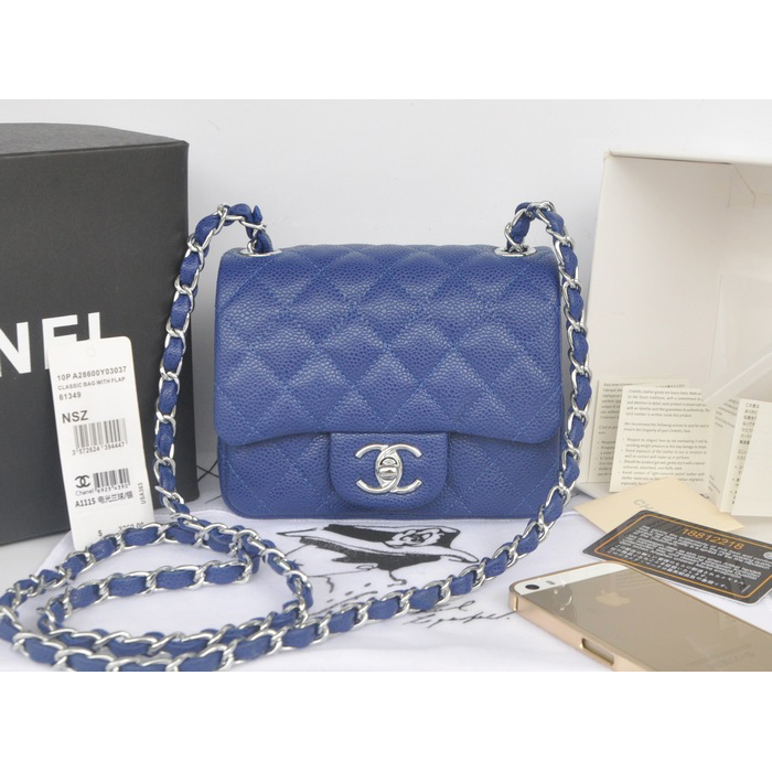 2014 Chanel mini Classic Flap Bag Blue Original Caviar leather A1115 Silver