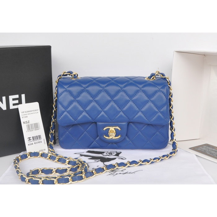 2014 Chanel mini Classic Flap Bag Blue Original Sheekskin A1116 Gold