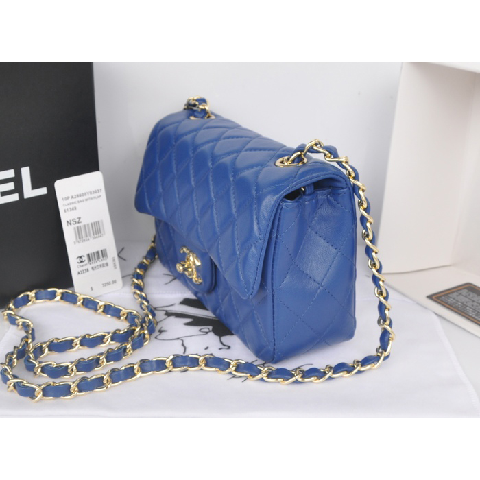 2014 Chanel mini Classic Flap Bag Blue Original Sheekskin A1116 Gold