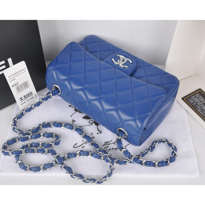 2014 Chanel mini Classic Flap Bag Blue Original Sheekskin A1116 Silver