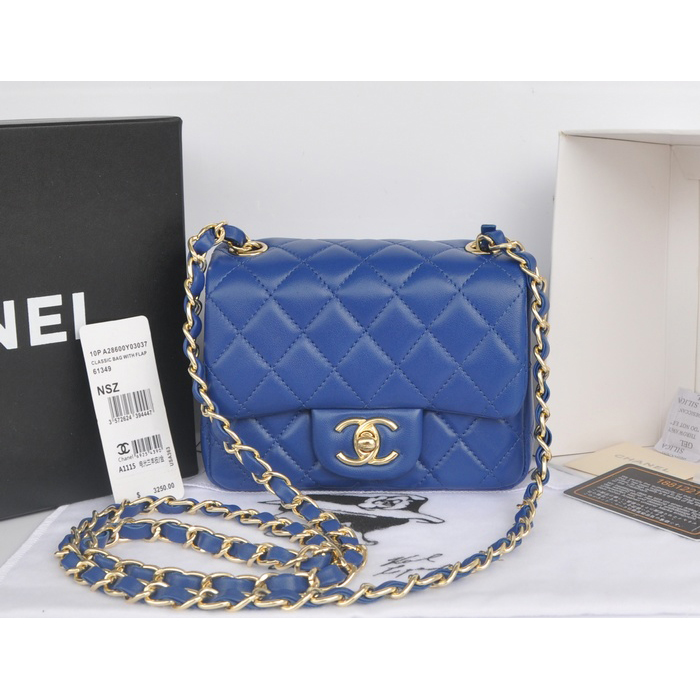 2014 Chanel mini Classic Flap Bag Blue Original Sheekskin leather A1115 Gold