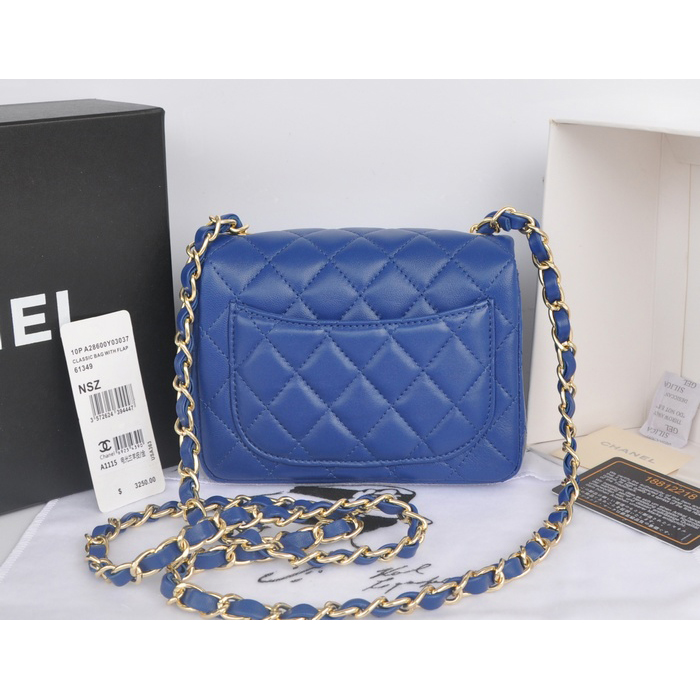 2014 Chanel mini Classic Flap Bag Blue Original Sheekskin leather A1115 Gold