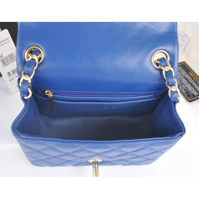 2014 Chanel mini Classic Flap Bag Blue Original Sheekskin leather A1115 Gold