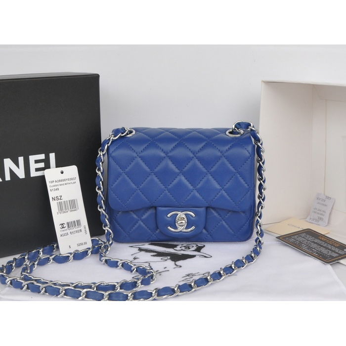 2014 Chanel mini Classic Flap Bag Blue Original Sheekskin leather A1115 Silver