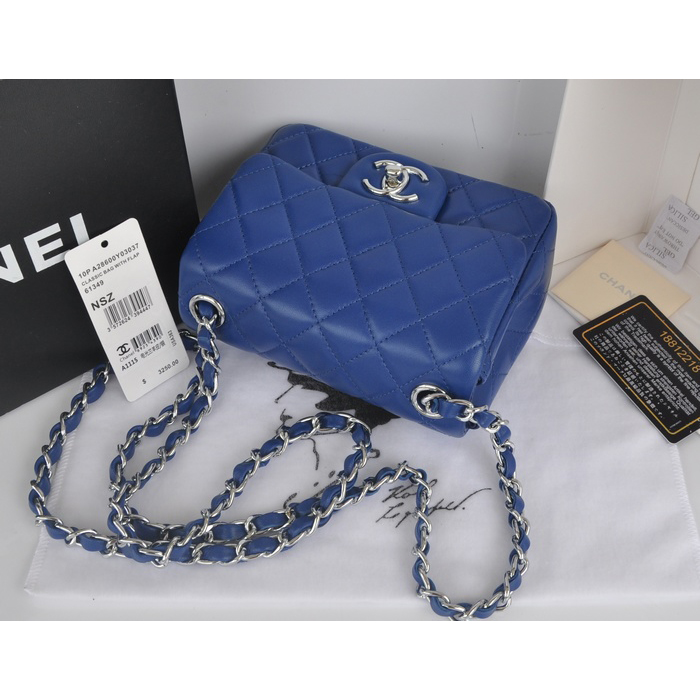 2014 Chanel mini Classic Flap Bag Blue Original Sheekskin leather A1115 Silver