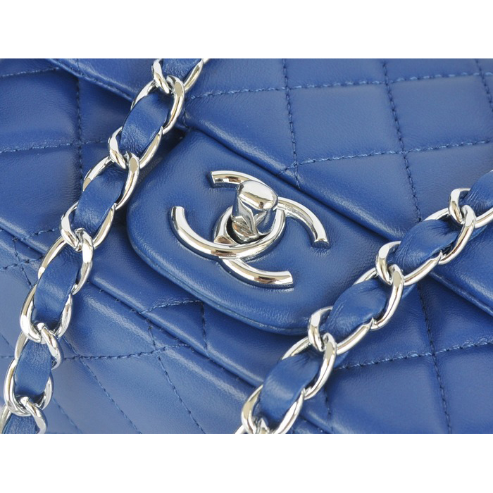 2014 Chanel mini Classic Flap Bag Blue Original Sheekskin leather A1115 Silver