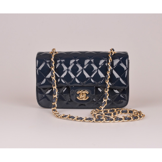 2014 Chanel mini Classic Flap Bag Blue Patent Leather 1117 Gold