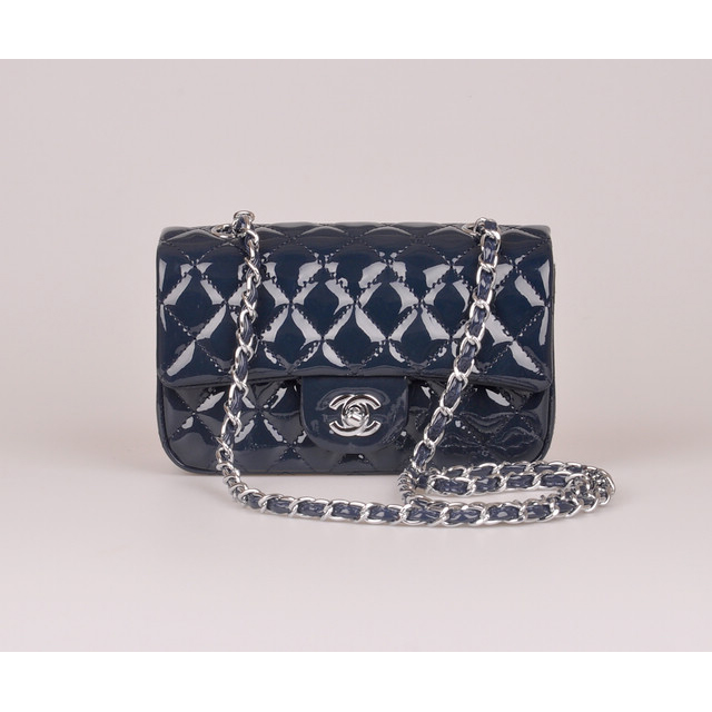 2014 Chanel mini Classic Flap Bag Blue Patent Leather 1117 Silver