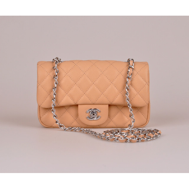 2014 Chanel mini Classic Flap Bag Caviar Leather 1117 Apricot in Silver