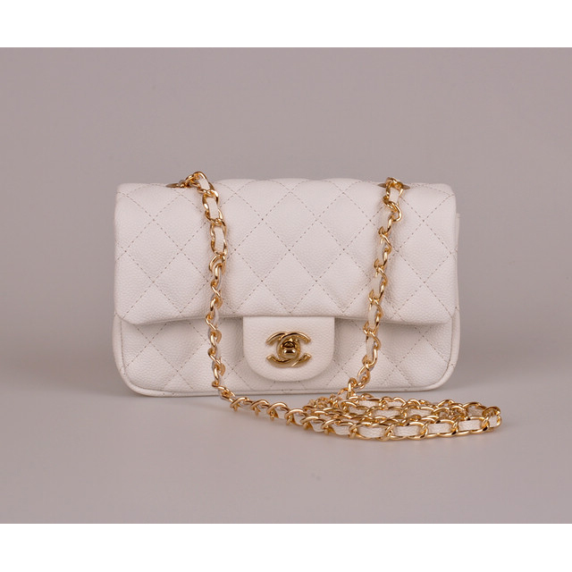 2014 Chanel mini Classic Flap Bag Caviar Leather 1117 White in Gold