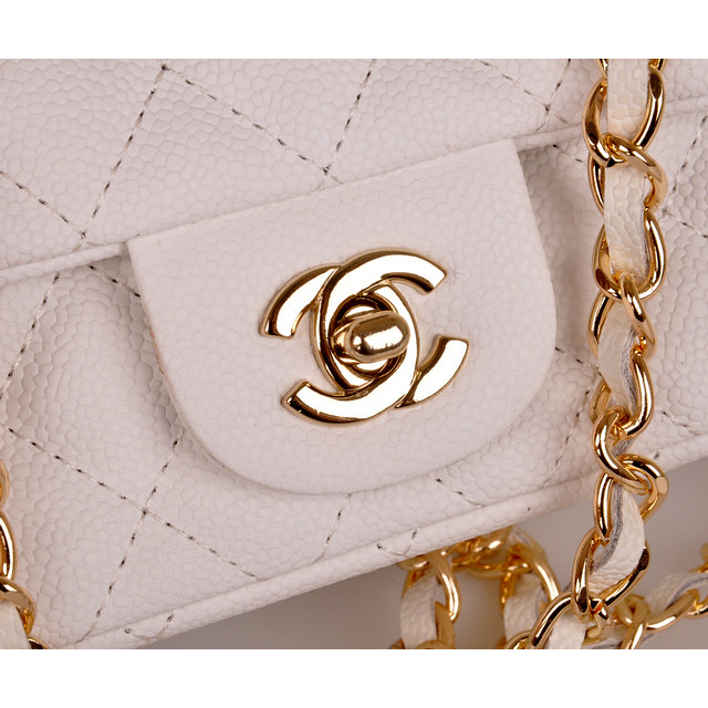 2014 Chanel mini Classic Flap Bag Caviar Leather 1117 White in Gold