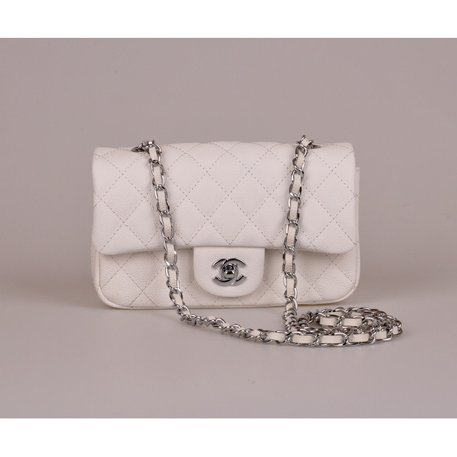 2014 Chanel mini Classic Flap Bag Caviar Leather 1117 White in Silver