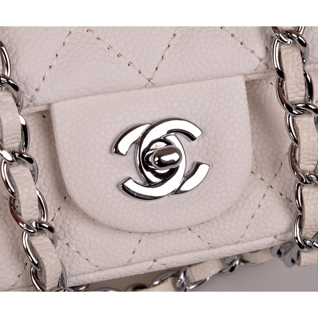 2014 Chanel mini Classic Flap Bag Caviar Leather 1117 White in Silver