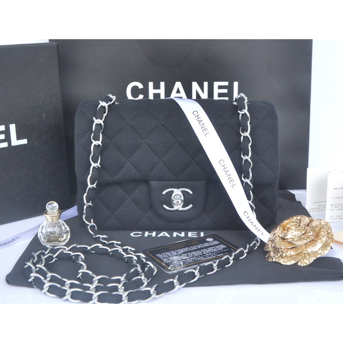 2014 Chanel mini Classic Flap Bag Denim Fabric CF69900 Black