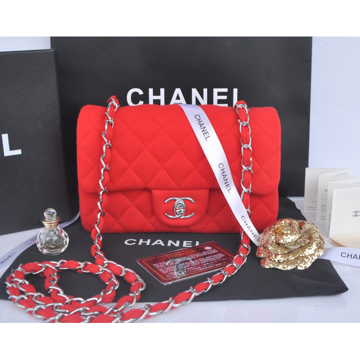 2014 Chanel mini Classic Flap Bag Denim Fabric CF69900 Red