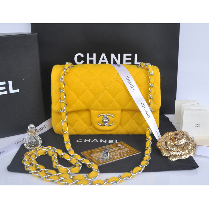 2014 Chanel mini Classic Flap Bag Denim Fabric CF69900 Yellow