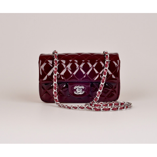 2014 Chanel mini Classic Flap Bag Maroon Patent Leather 1117 Silver