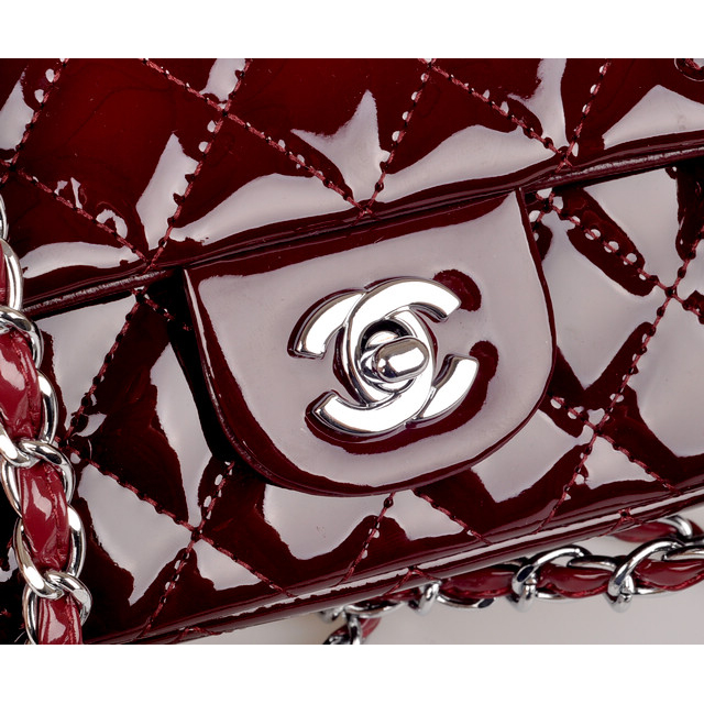 2014 Chanel mini Classic Flap Bag Maroon Patent Leather 1117 Silver