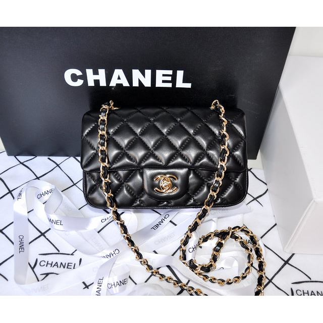 2014 Chanel mini Classic Flap Bag Original Black Sheekskin leather 1117 Gold