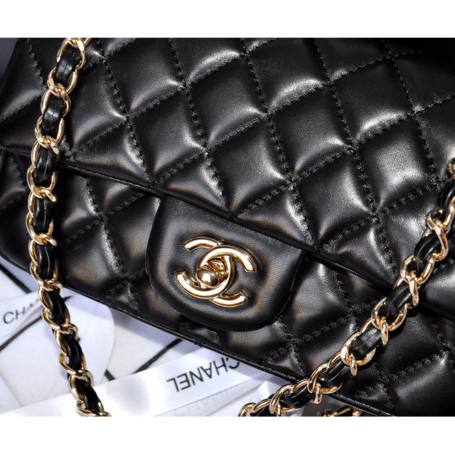 2014 Chanel mini Classic Flap Bag Original Black Sheekskin leather 1117 Gold