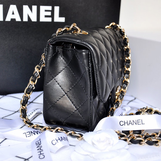 2014 Chanel mini Classic Flap Bag Original Black Sheekskin leather 1117 Gold