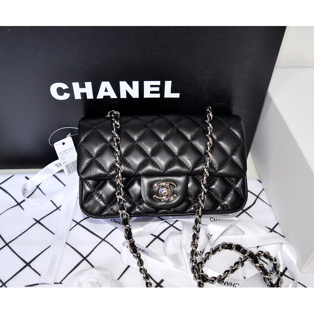 2014 Chanel mini Classic Flap Bag Original Black Sheekskin leather 1117 Silver