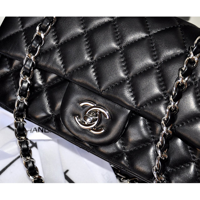 2014 Chanel mini Classic Flap Bag Original Black Sheekskin leather 1117 Silver