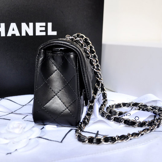 2014 Chanel mini Classic Flap Bag Original Black Sheekskin leather 1117 Silver