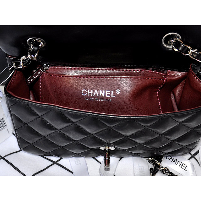 2014 Chanel mini Classic Flap Bag Original Black Sheekskin leather 1117 Silver