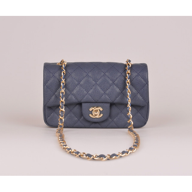 2014 Chanel mini Classic Flap Bag Original Blue Caviar leather 1117 Gold