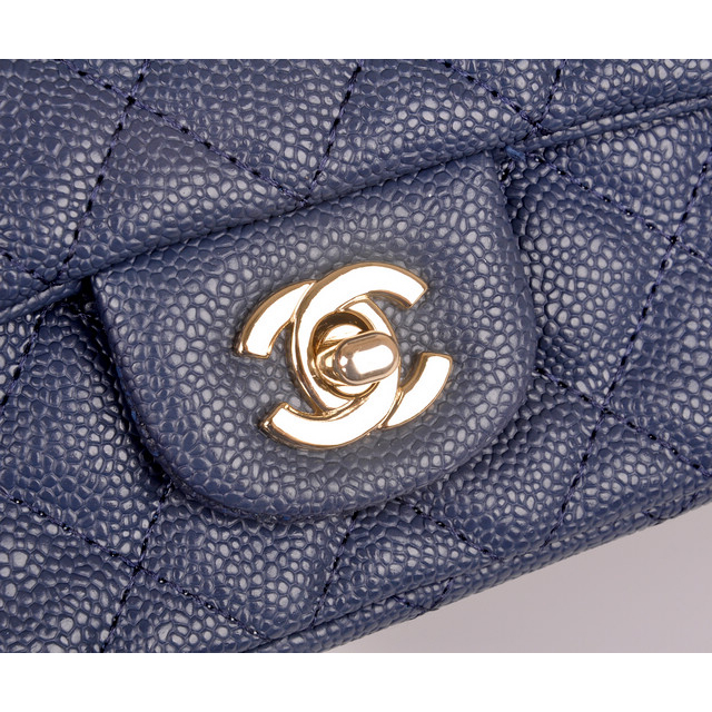 2014 Chanel mini Classic Flap Bag Original Blue Caviar leather 1117 Gold