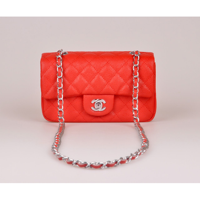 2014 Chanel mini Classic Flap Bag Red Caviar Leather 1117 Silver