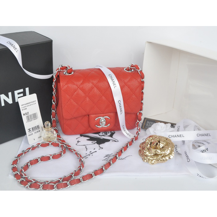 2014 Chanel mini Classic Flap Bag Red Original Caviar leather A1115 Silver