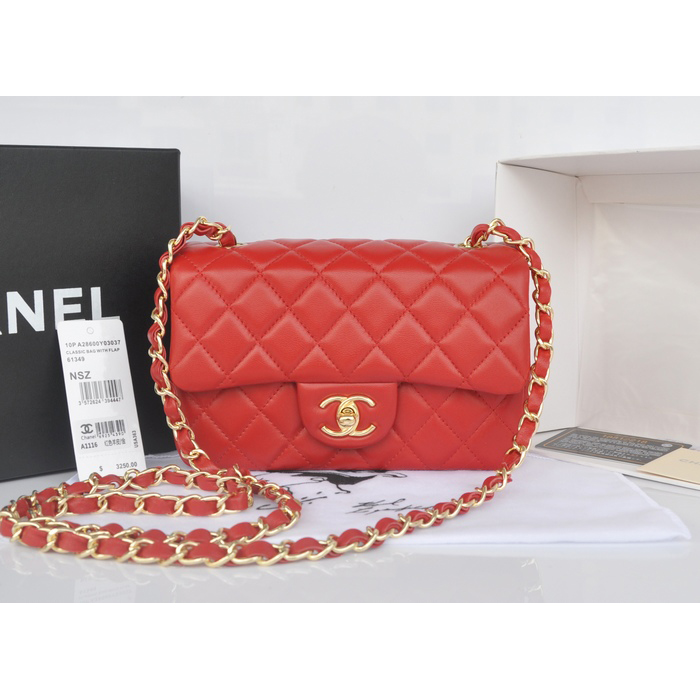 2014 Chanel mini Classic Flap Bag Red Original Sheekskin A1116 Gold