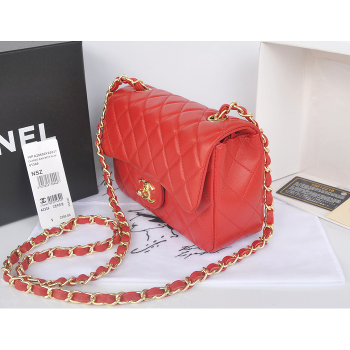 2014 Chanel mini Classic Flap Bag Red Original Sheekskin A1116 Gold