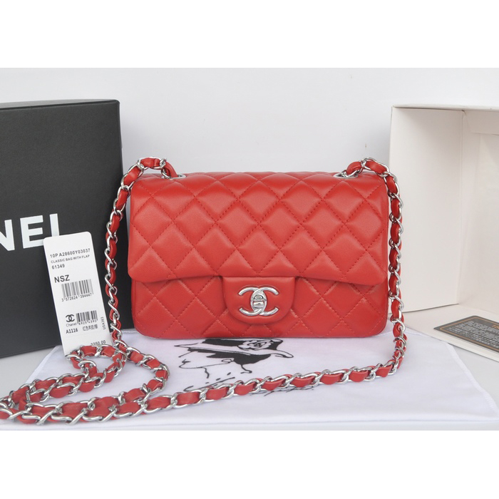 2014 Chanel mini Classic Flap Bag Red Original Sheekskin A1116 Silver