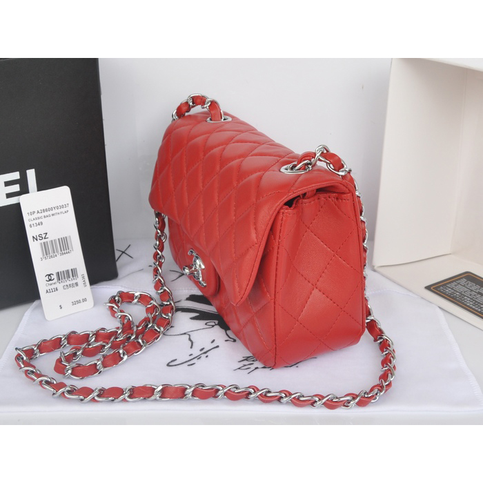 2014 Chanel mini Classic Flap Bag Red Original Sheekskin A1116 Silver