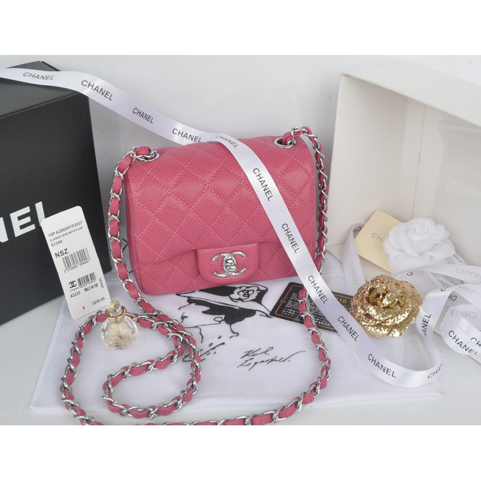 2014 Chanel mini Classic Flap Bag Rose Original Caviar leather A1115 Silver