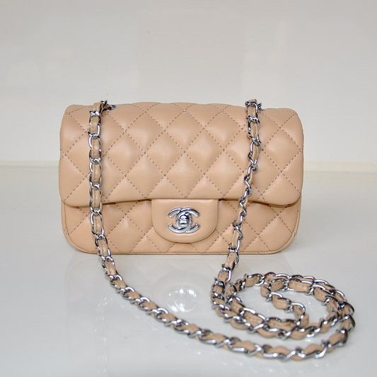 2014 Chanel mini Classic Flap Bag Sheekskin leather 1117 Apricot in Silver